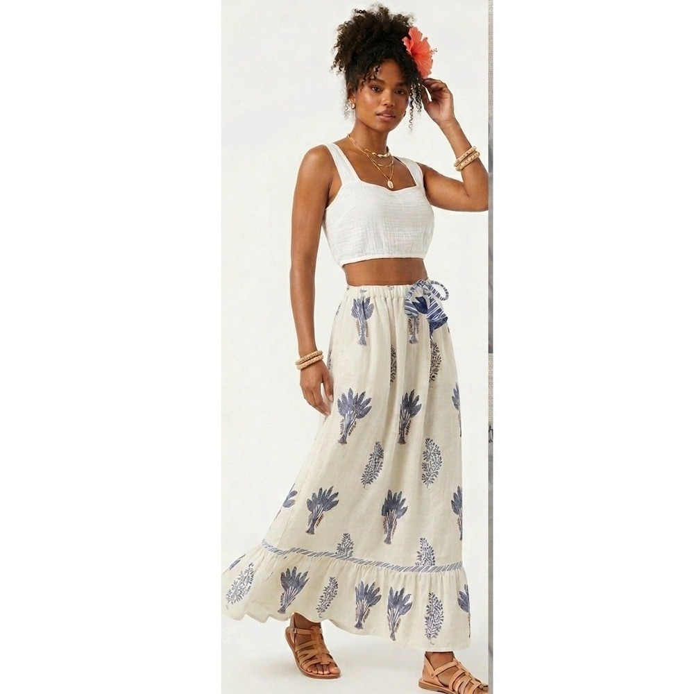 CJ Laing Maxi Skirt M/L White Blue Block Print Tropical Ruffle Cotton